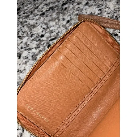 Tory Burch Leather Wallet Wristlet Tan Brown Zip Around Clutch Logo Pouch - Picture 8 of 12